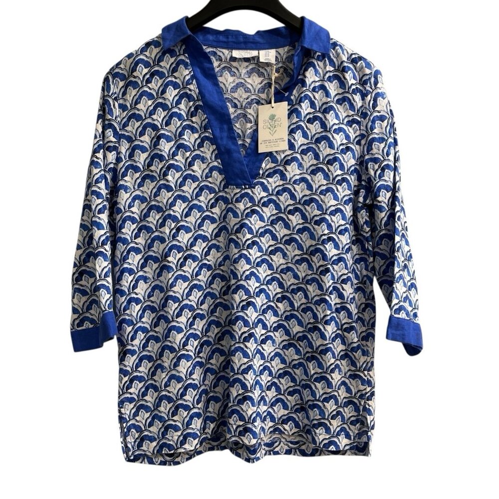 Sigrid Olsen Top Womens M Blue Geometric Linen Tunic Coastal Beachy Resort Wear‎